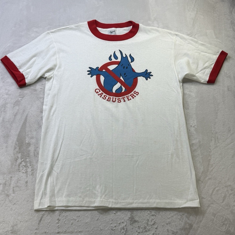 Vintage 80s Ringer T Shirt Gasbusters Mens L USA Made Gas Ghost Parody Graphic